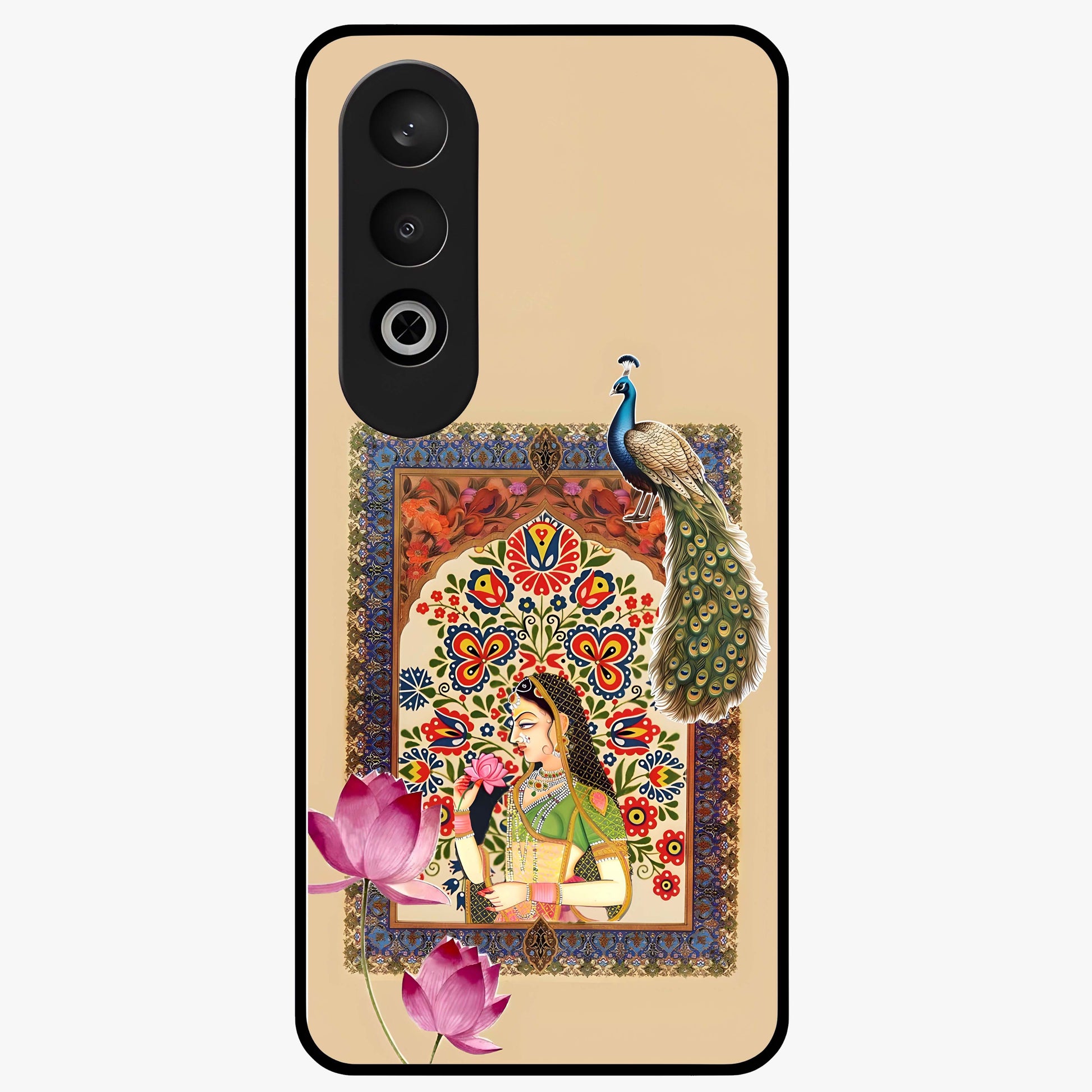 Mughal Princess and Peacock Glass Case for 1+Nord CE 4 royal front view featuring intricate princess and peacock artwork