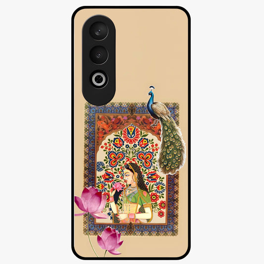Mughal Princess and Peacock Glass Case for 1+Nord CE 4 royal front view featuring intricate princess and peacock artwork