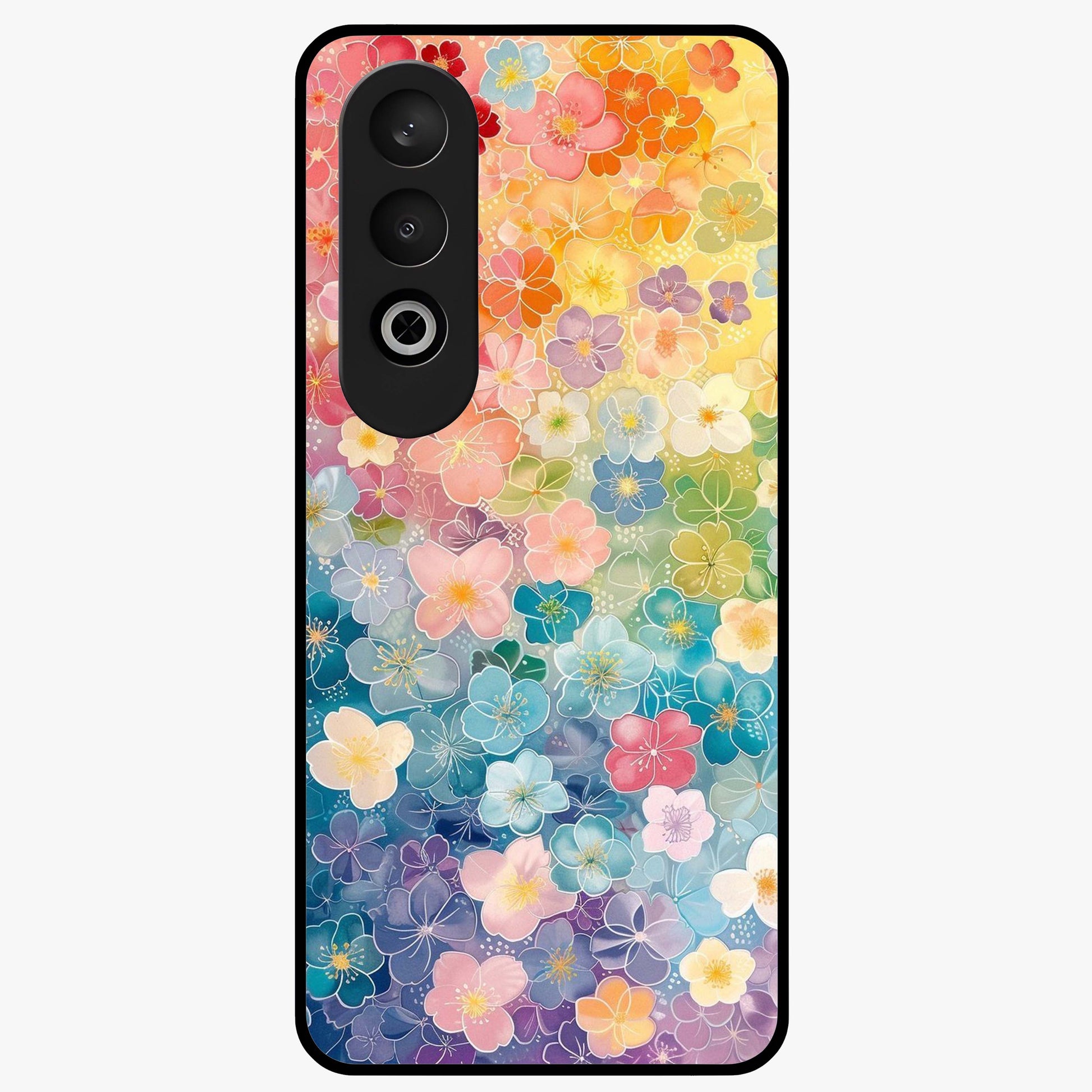 Multiple Background With Flower Glass Case for 1+Nord CE 4 vibrant front view featuring layered floral artwork on mixed backgrounds
