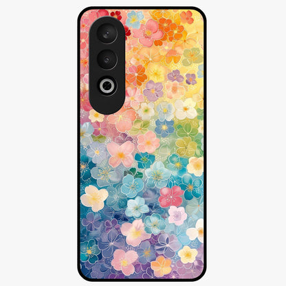 Multiple Background With Flower Glass Case for 1+Nord CE 4 vibrant front view featuring layered floral artwork on mixed backgrounds