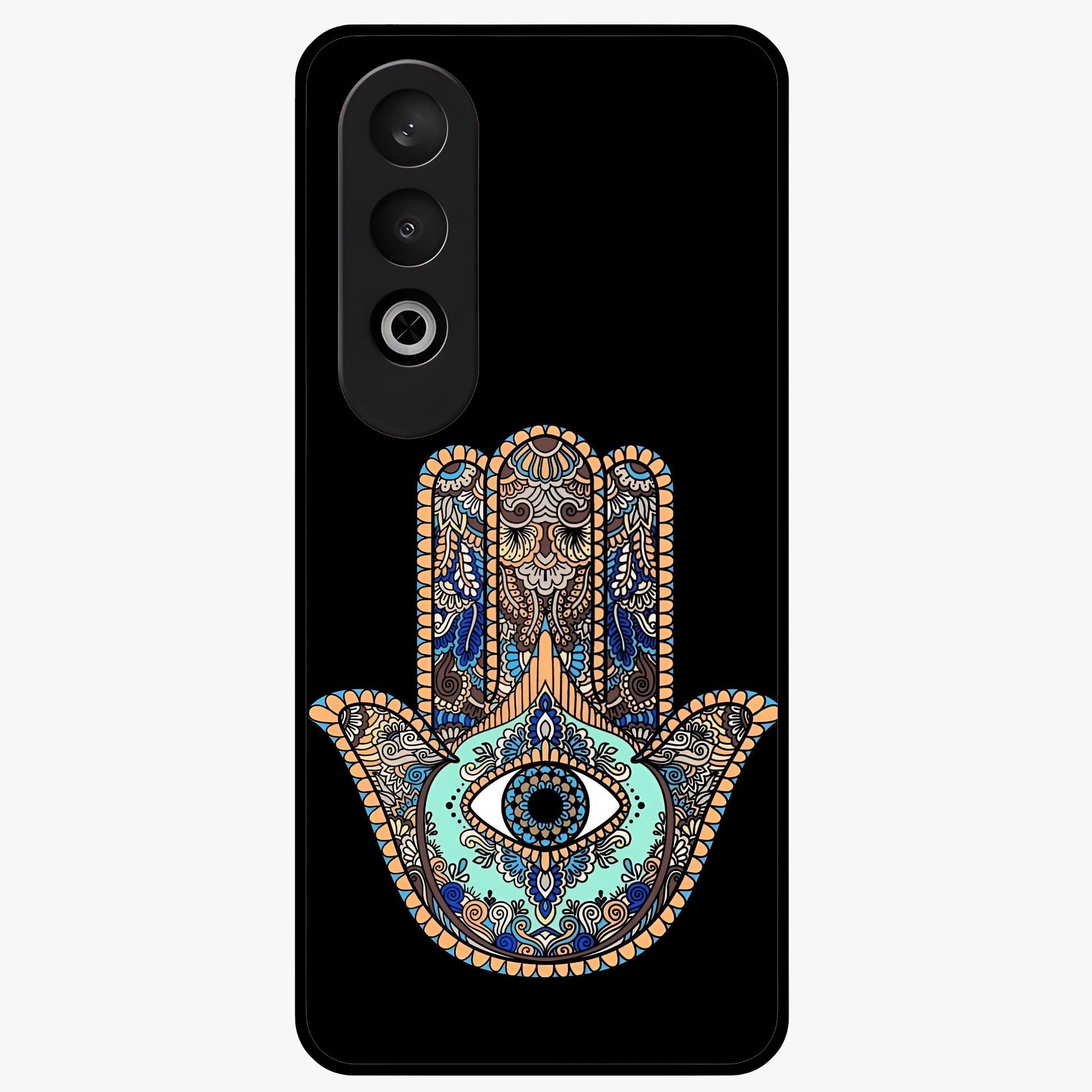 Mystic Hamsa Eye Glass Case for 1+Nord CE 4 symbolic front view featuring traditional hamsa eye artwork