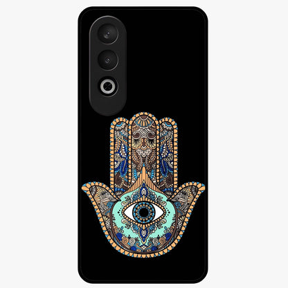 Mystic Hamsa Eye Glass Case for 1+Nord CE 4 symbolic front view featuring traditional hamsa eye artwork