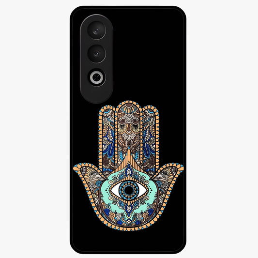 Mystic Hamsa Eye Glass Case for 1+Nord CE 4 symbolic front view featuring traditional hamsa eye artwork