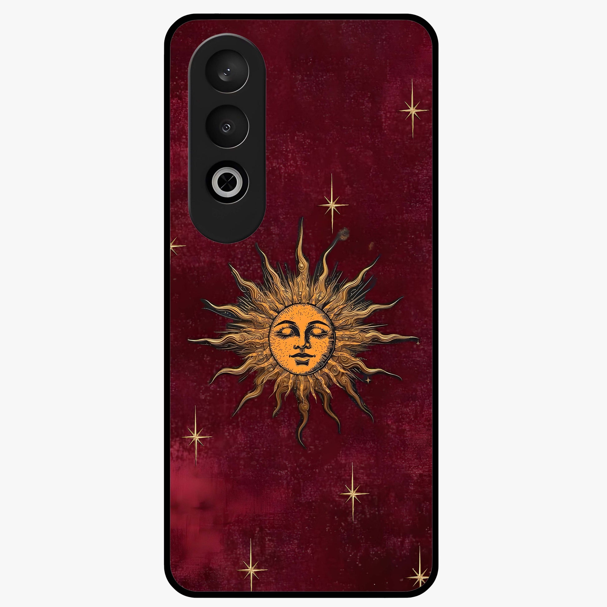 Mystic Solar Glow Glass Case for 1+Nord CE 4 radiant front view featuring glowing sun inspired mystical artwork