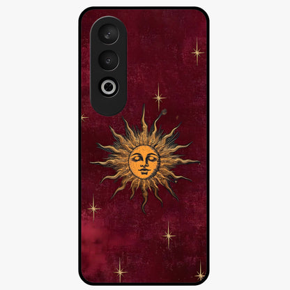 Mystic Solar Glow Glass Case for 1+Nord CE 4 radiant front view featuring glowing sun inspired mystical artwork