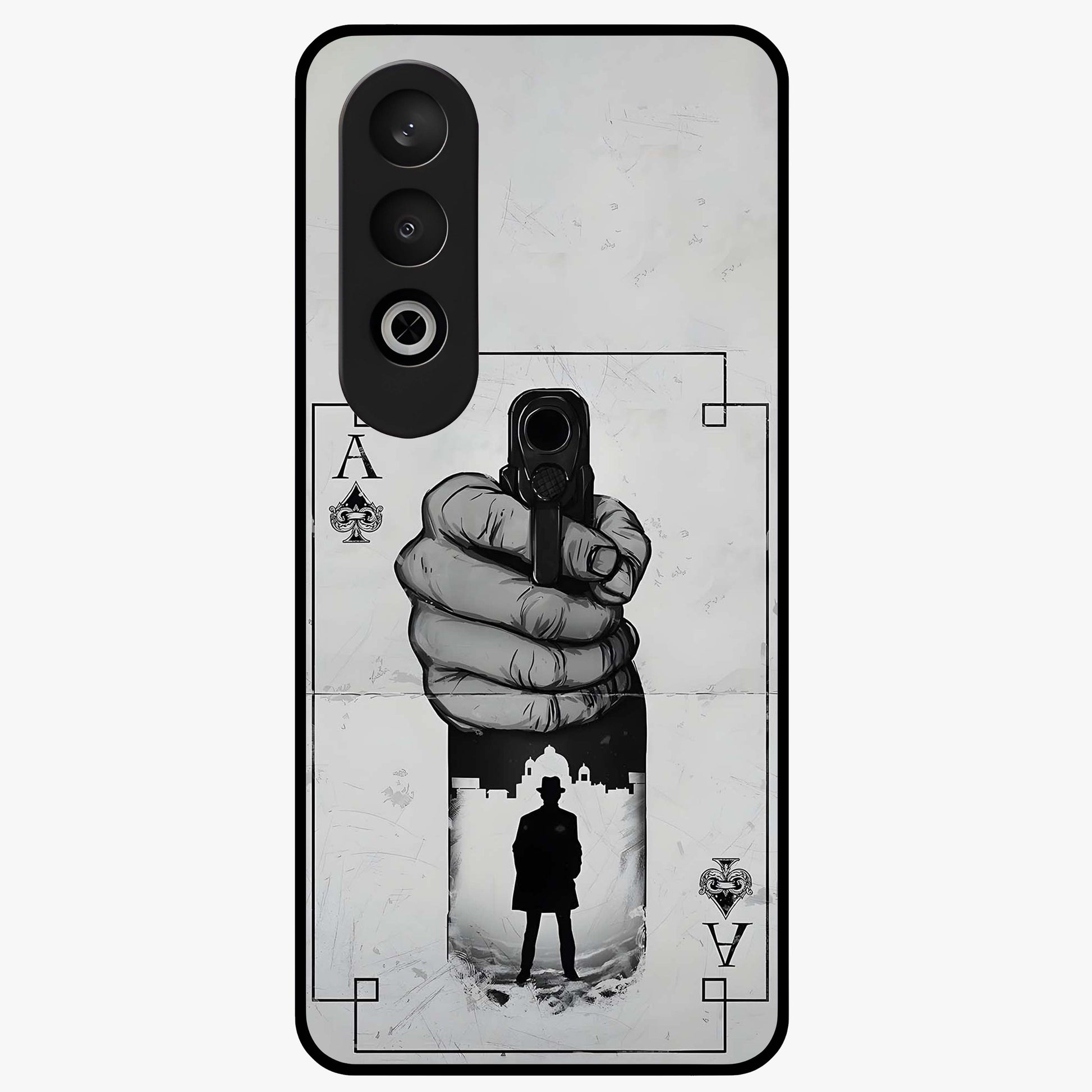 Noir Trigger Fate Glass Case for 1+Nord CE 4 dramatic front view featuring bold noir themed artistic artwork