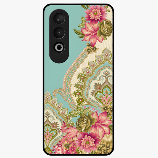 Ornate Mughal Floral Pattern Glass Case for 1+Nord CE 4 royal front view featuring intricate Mughal inspired floral artwork