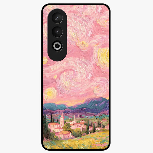 Pastel Starry Village Glass Case for 1+Nord CE 4 dreamy front view featuring village artwork under pastel night sky