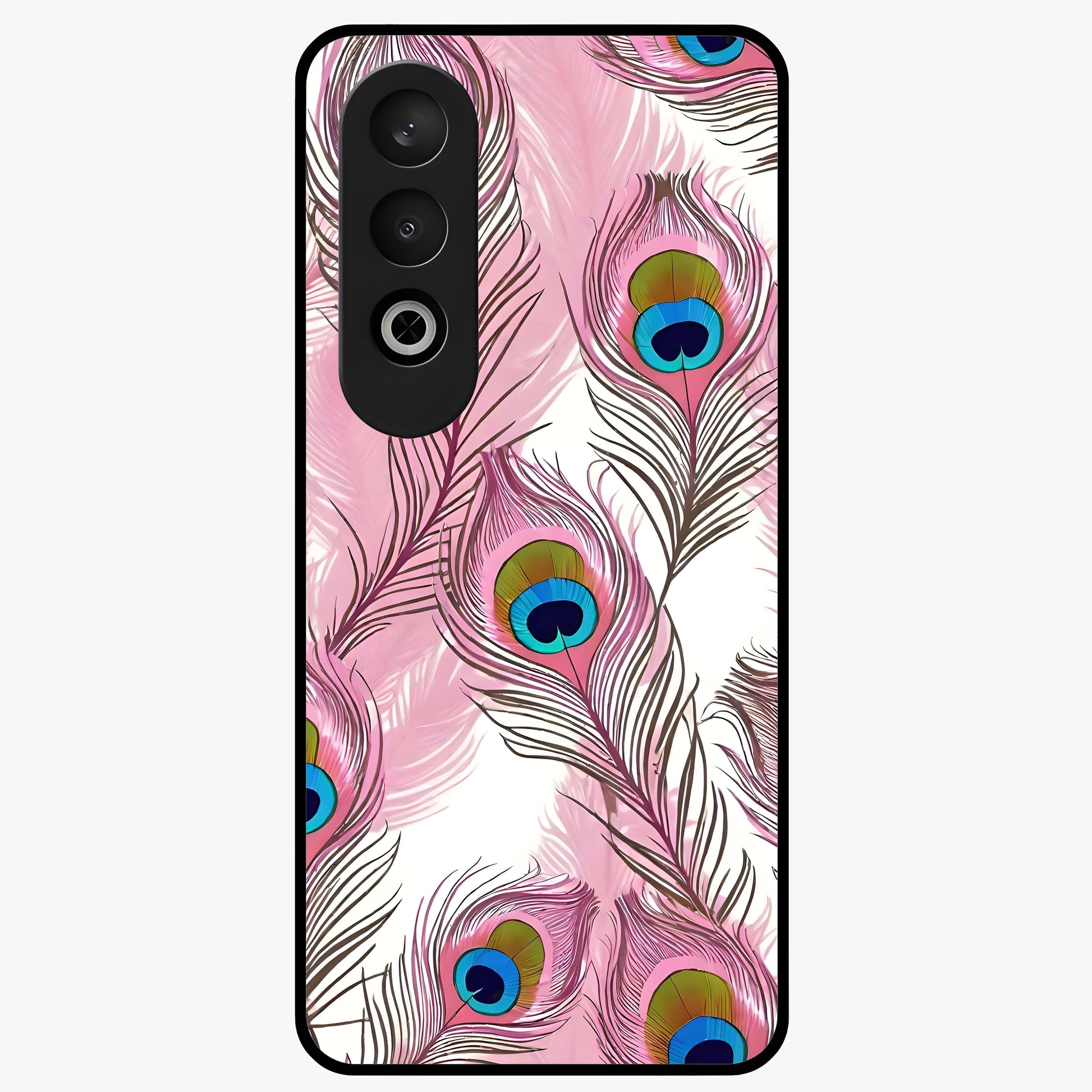 Peacock Feathers Floating Glass Case for 1+Nord CE 4 artistic front view featuring floating feather artwork with rich colors