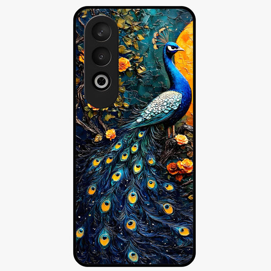 Peacock With Yellow Moon Glass Case for 1+Nord CE 4 striking front view featuring peacock artwork under glowing yellow moon