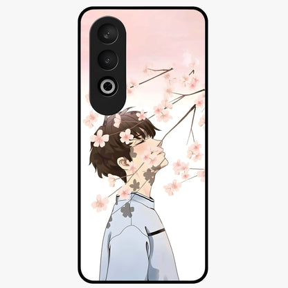 Pink Blossom Boy Glass Case for 1+Nord CE 4 aesthetic front view featuring illustrated character with pink floral accents