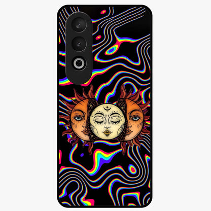 Psychedelic Sun Glass Case for 1+Nord CE 4 artistic front view featuring vibrant sun artwork in psychedelic colors