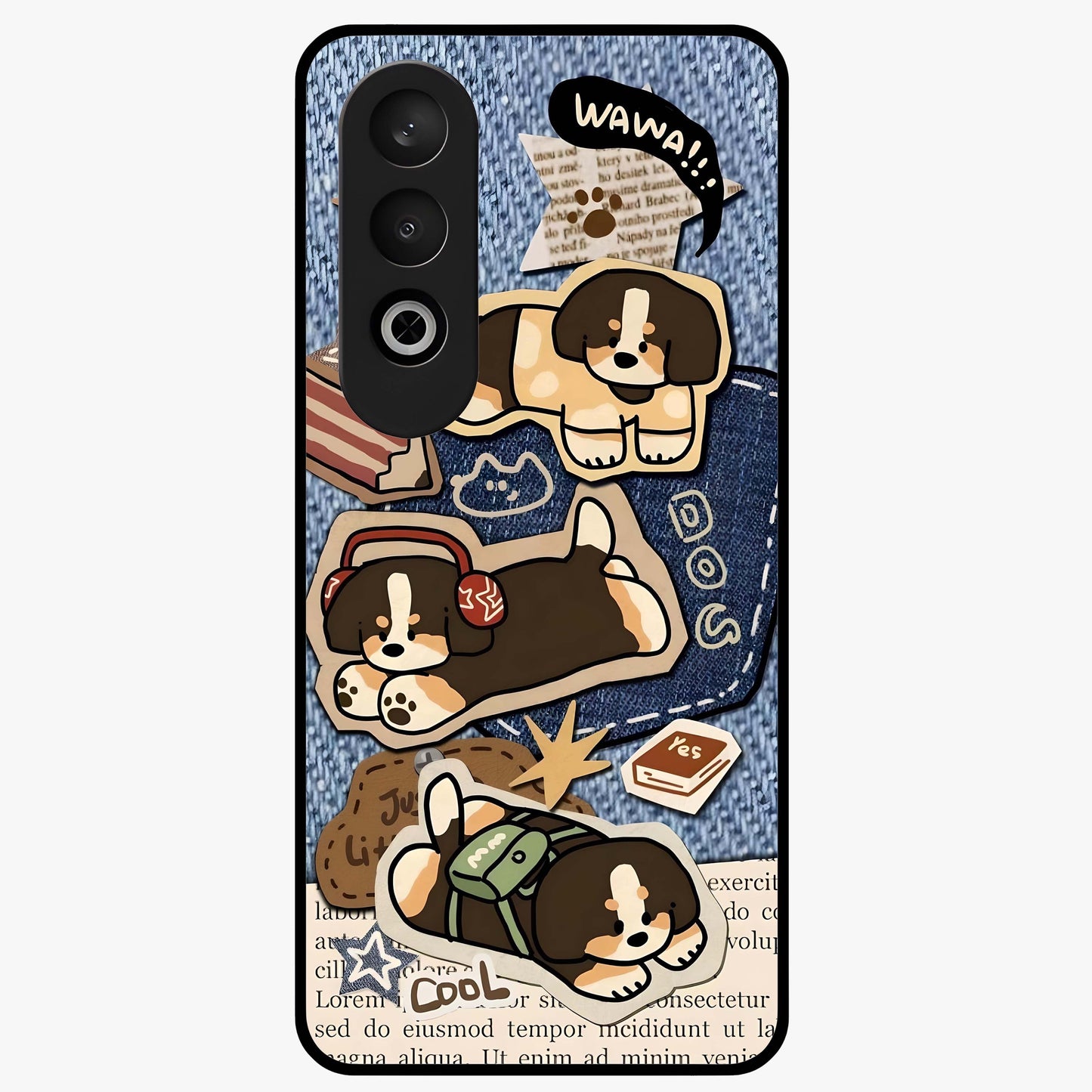 Puppy Sticker Parade Glass Case for 1+Nord CE 4 playful front view featuring multiple puppy sticker style artwork