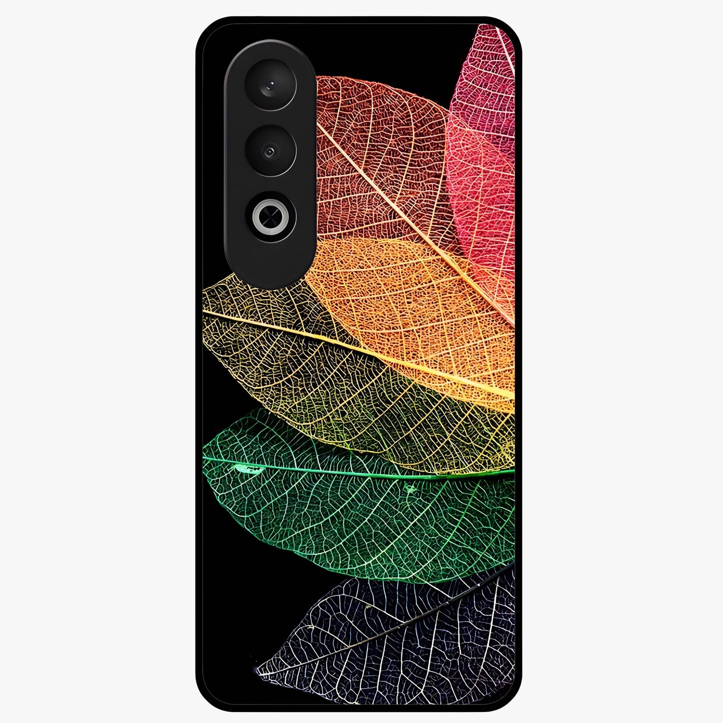 Rainbow Leaf Glow Glass Case for 1+Nord CE 4 colorful front view featuring vibrant leaf artwork with glowing effect