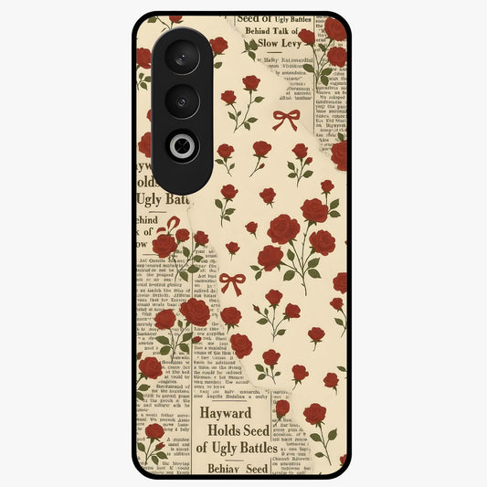 Retro Rose Journal Glass Case for 1+Nord CE 4 elegant front view featuring vintage rose artwork with journal aesthetic
