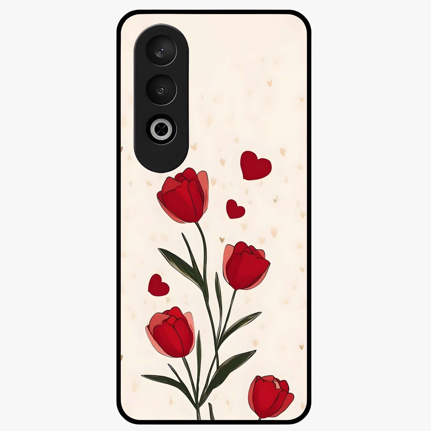 Romantic Tulip Hearts Glass Case for 1+Nord CE 4 sweet front view featuring tulip floral artwork with heart accents