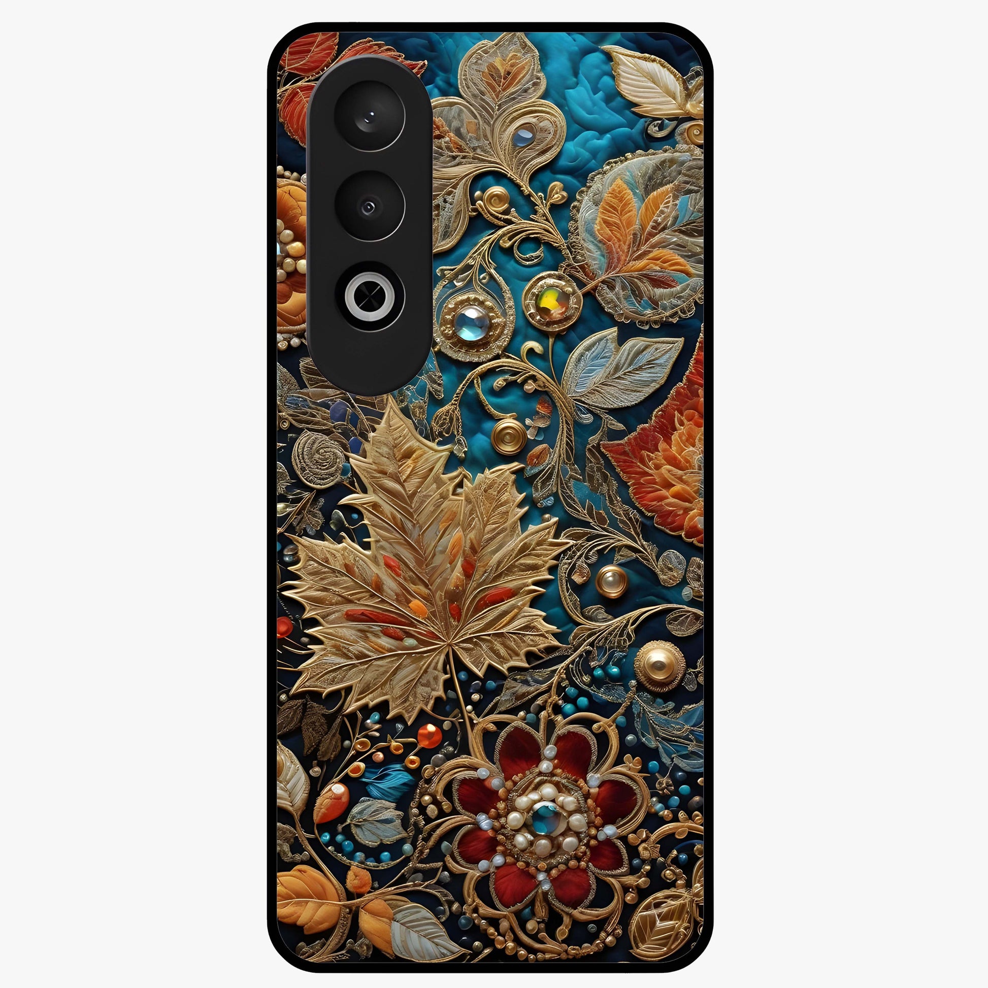 Royal Jewel Garden Glass Case for 1+Nord CE 4 luxurious front view featuring ornate floral artwork with jewel accents