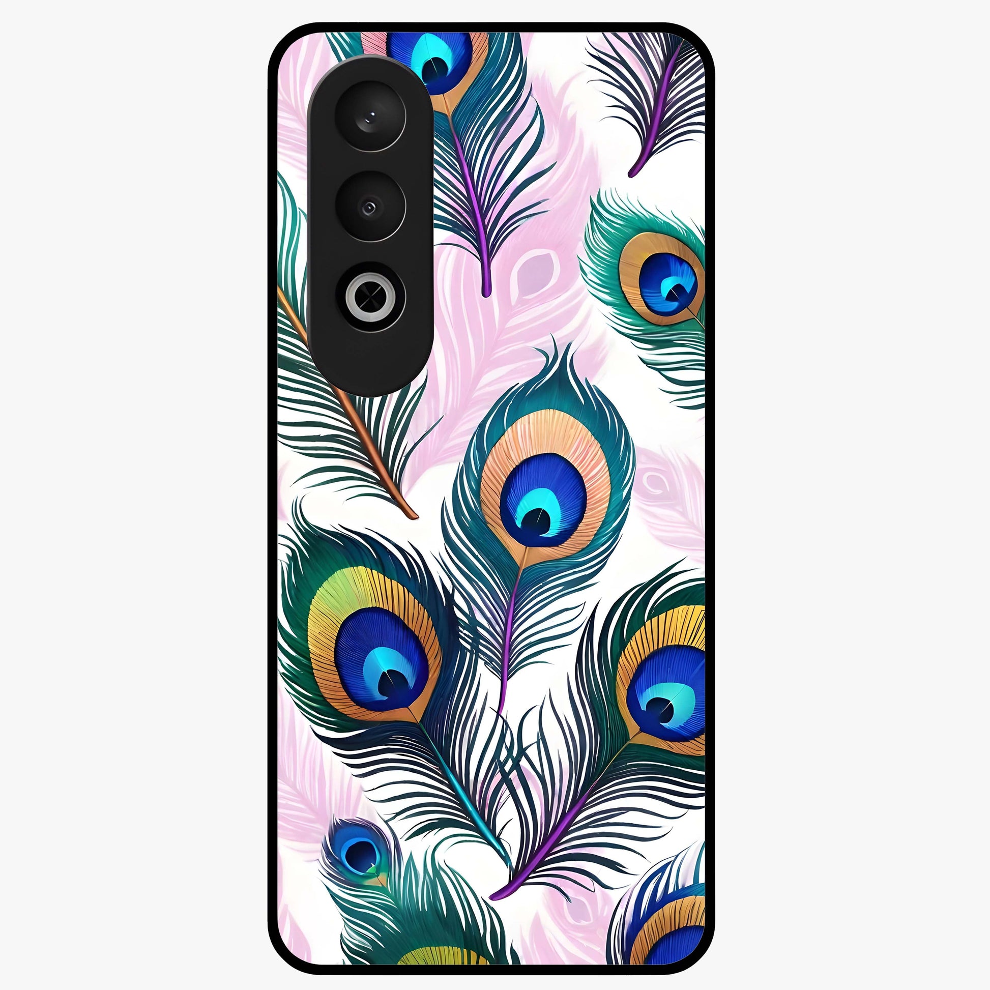 Royal Peacock Feathers Glass Case for 1+Nord CE 4 vibrant front view featuring detailed peacock feather artwork