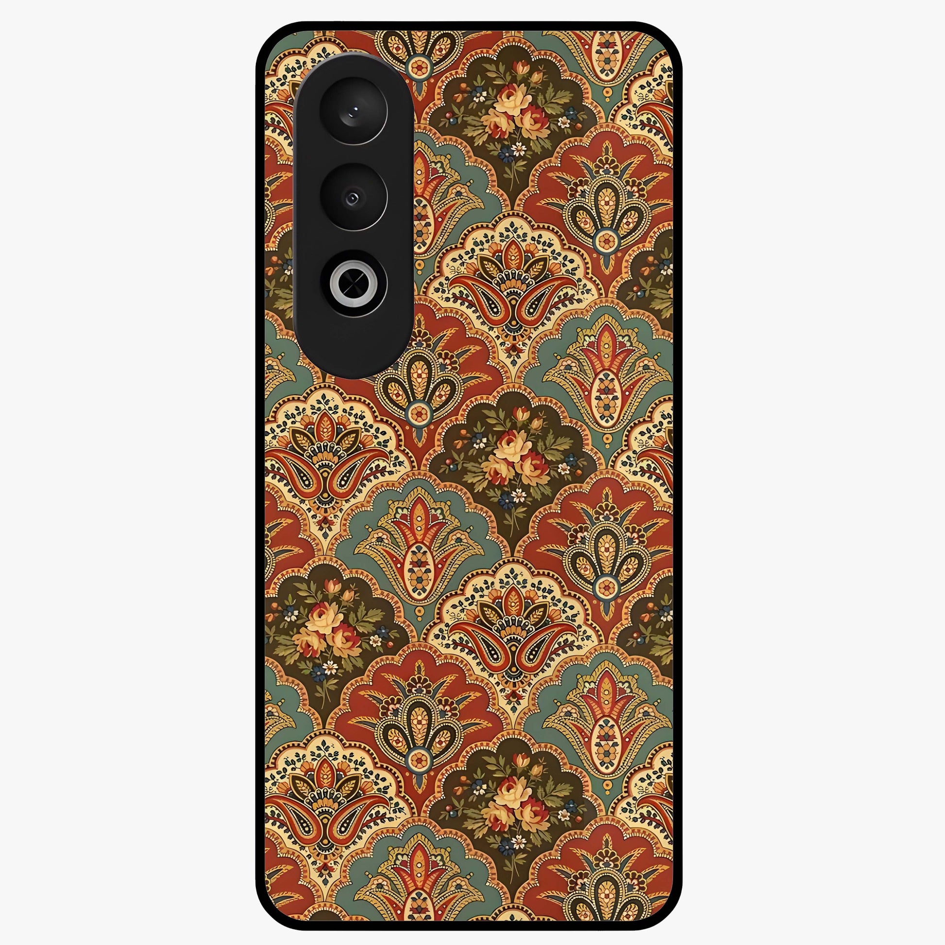 Royal Threadwork Glass Case for 1+Nord CE 4 elegant front view featuring embroidered threadwork inspired artwork