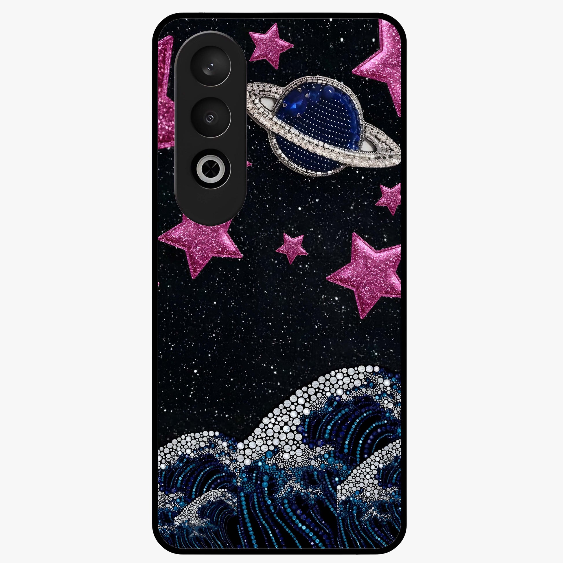 Saturn Pink Storm Glass Case for 1+Nord CE 4 bold front view featuring cosmic Saturn artwork in vibrant pink tones