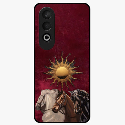 Solar Riders Glass Case for 1+Nord CE 4 dynamic front view featuring bold rider inspired artwork with solar tones