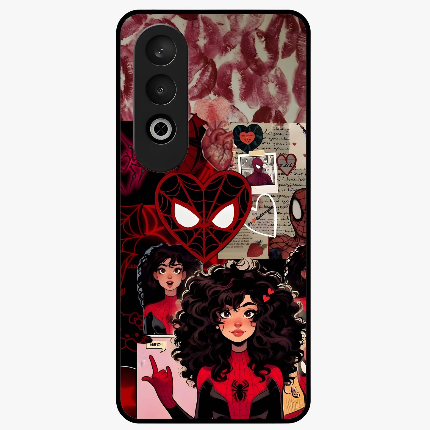 Spider Love Story Glass Case for 1+Nord CE 4 bold front view featuring superhero inspired romantic artwork