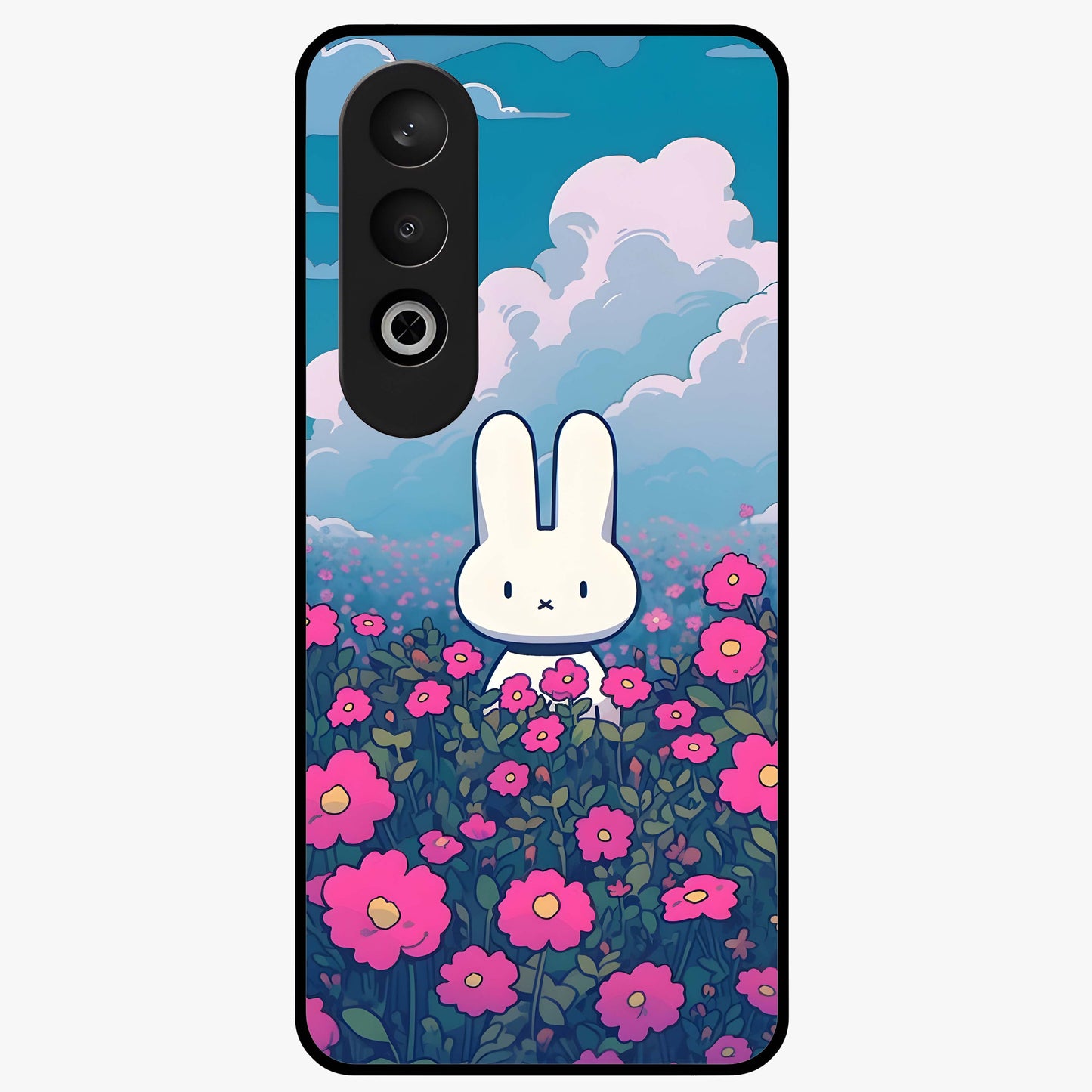 Springtime Blossom Bunny Glass Case for 1+Nord CE 4 adorable front view featuring bunny artwork with spring floral accents