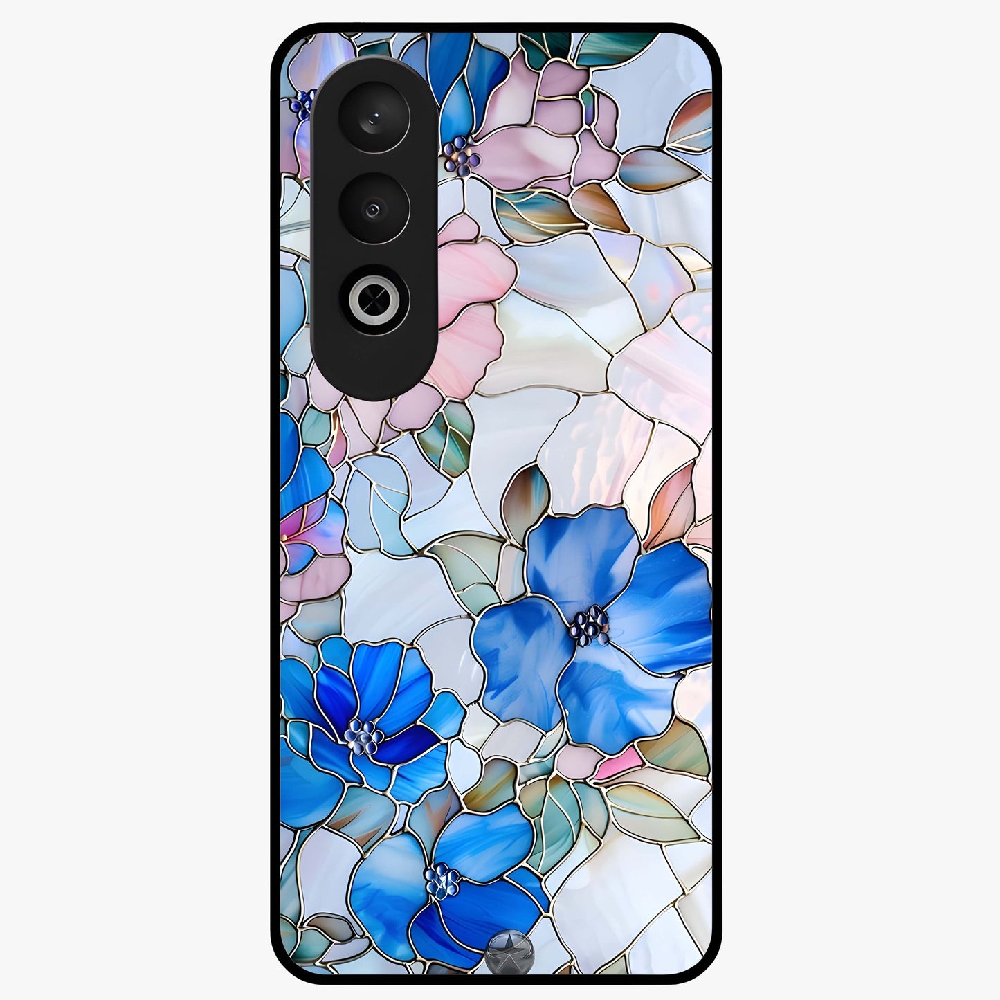 Stained Blue Floral Glass Case for 1+Nord CE 4 elegant front view featuring blue stained glass inspired floral artwork