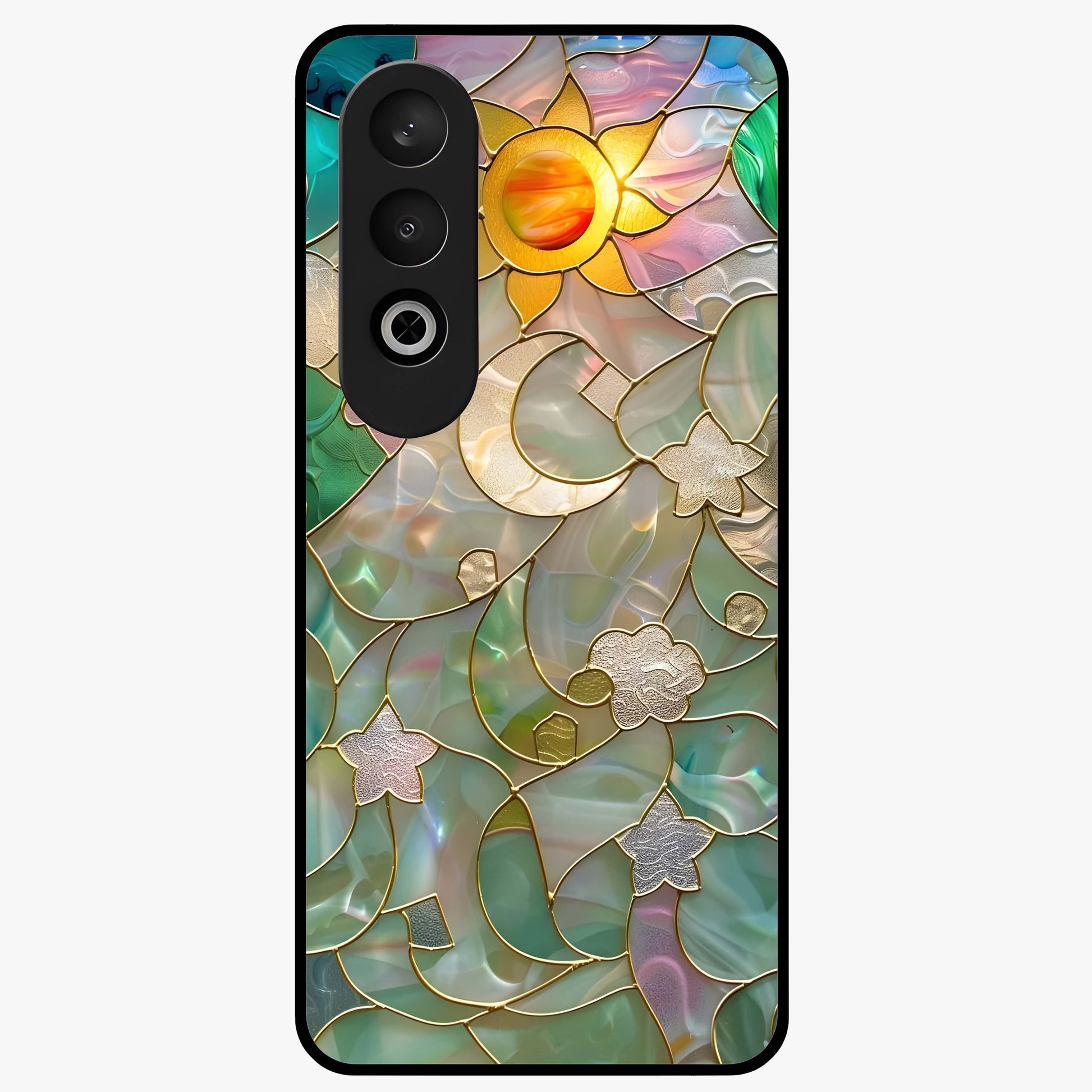 Stained Sunrise Glow Glass Case for 1+Nord CE 4 radiant front view featuring sunrise inspired stained glass artwork