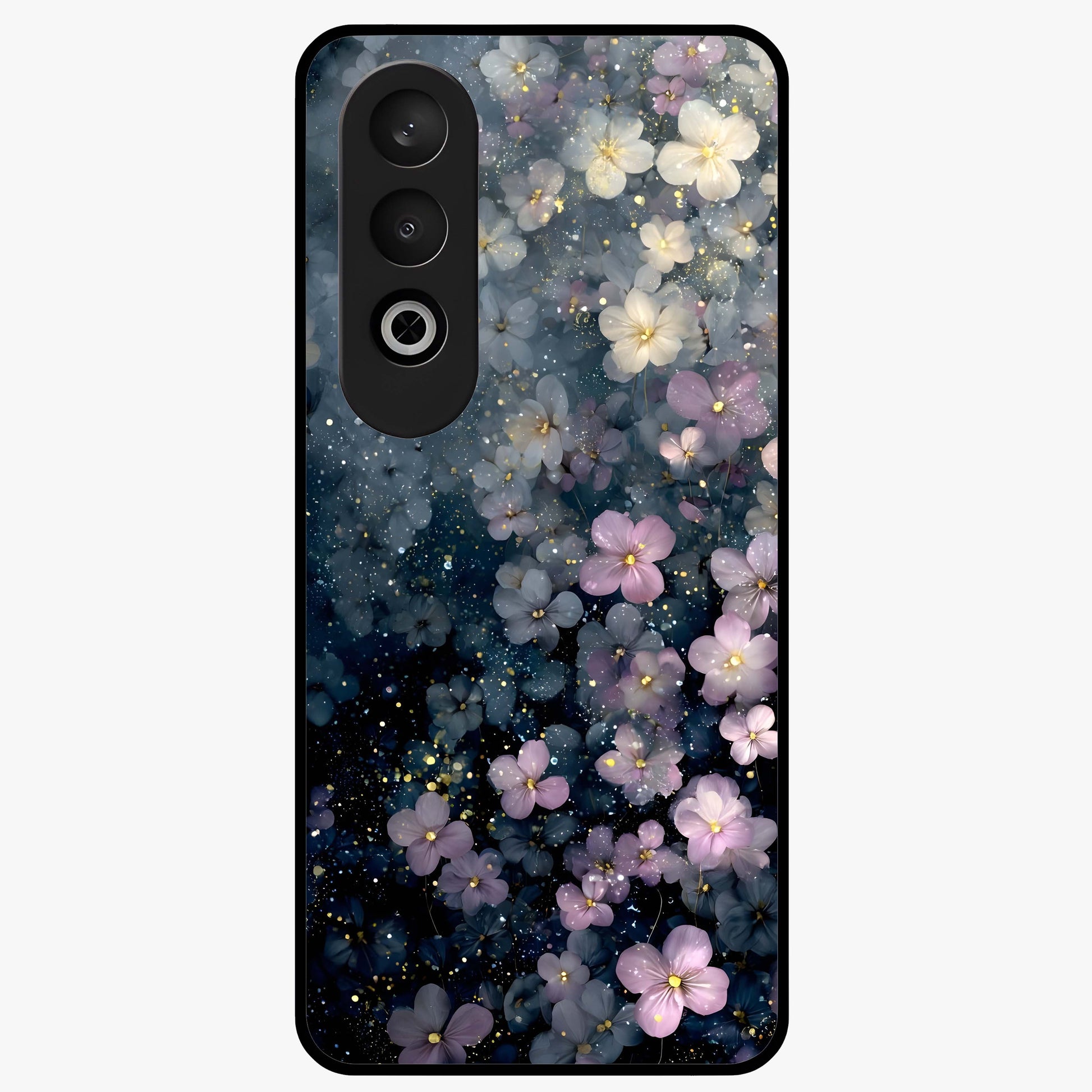 Starlit Blossom Dreams Glass Case for 1+Nord CE 4 dreamy front view featuring floral artwork under sparkling night sky