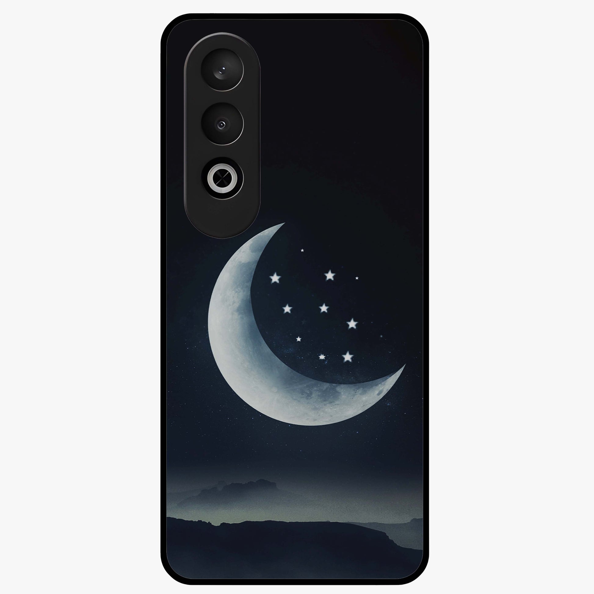 Starry Moon Pattern Glass Case for 1+Nord CE 4 dreamy front view featuring moon and star patterned artwork