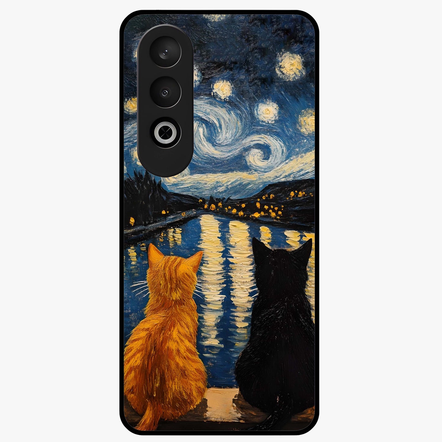 Starry River Cats Glass Case for 1+Nord CE 4 artistic front view featuring cats by a glowing river under starry sky