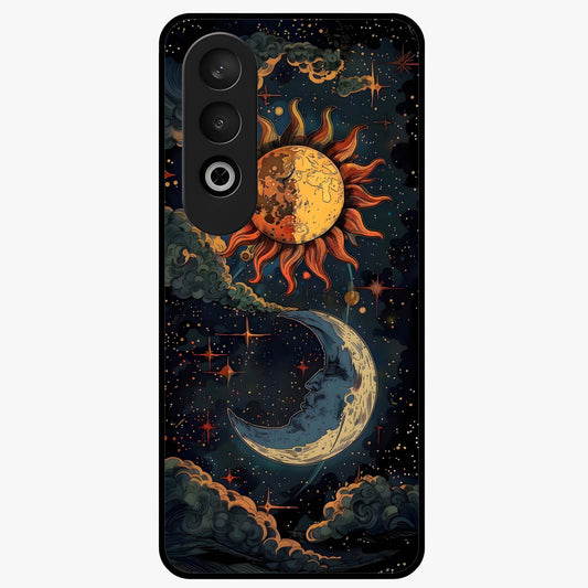 Sun and Moonflowers Glass Case for 1+Nord Ce 4 vibrant front view featuring floral artwork blended with sun and moon elements
