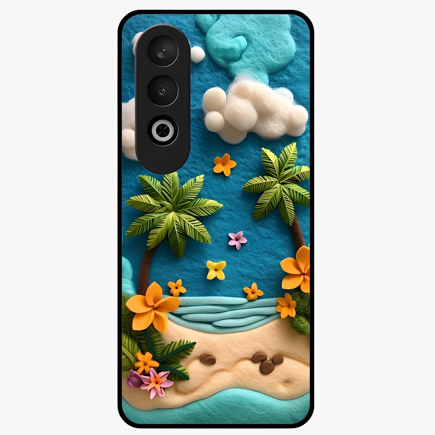 Tropical Felt Escape Glass Case for 1+Nord CE 4 refreshing front view featuring tropical inspired artistic artwork