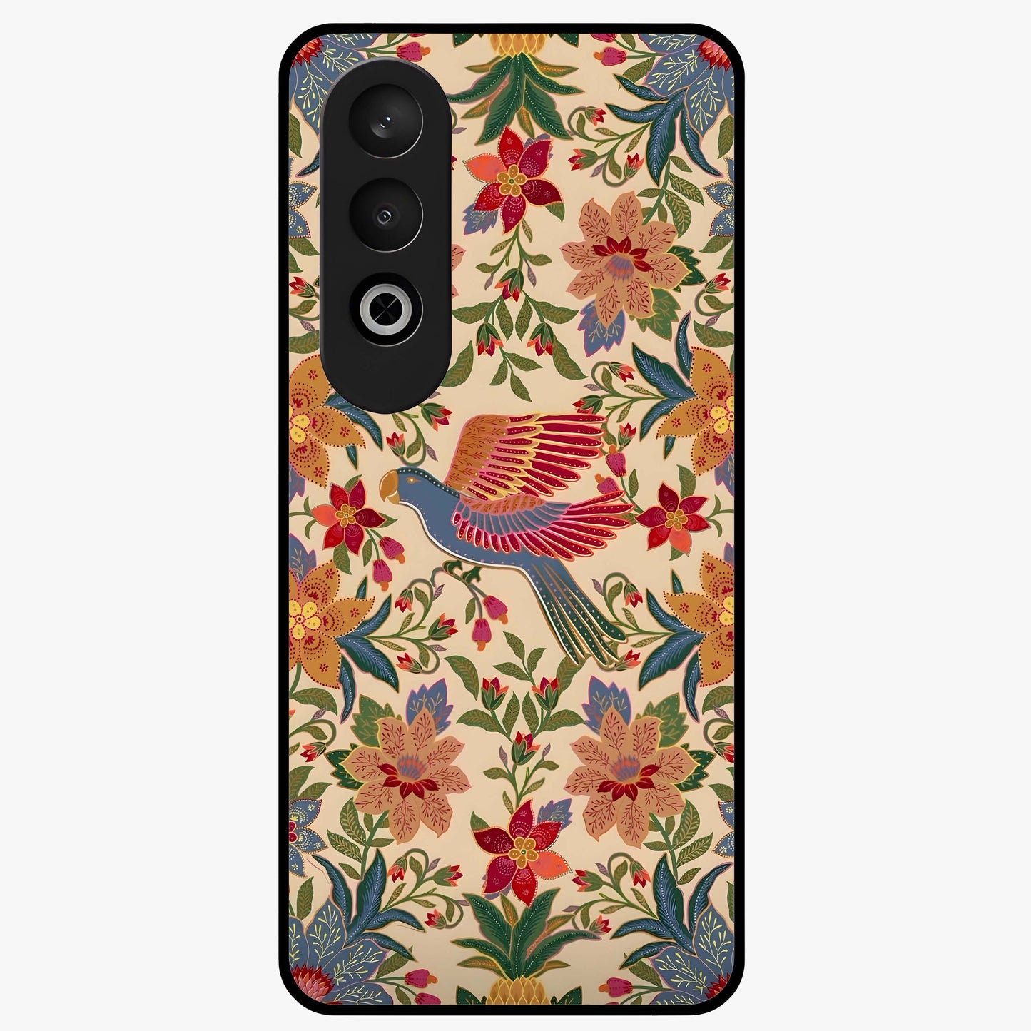 Tropical Folk Art Bird Glass Case for 1+Nord CE 4 artistic front view featuring colorful bird artwork in folk style