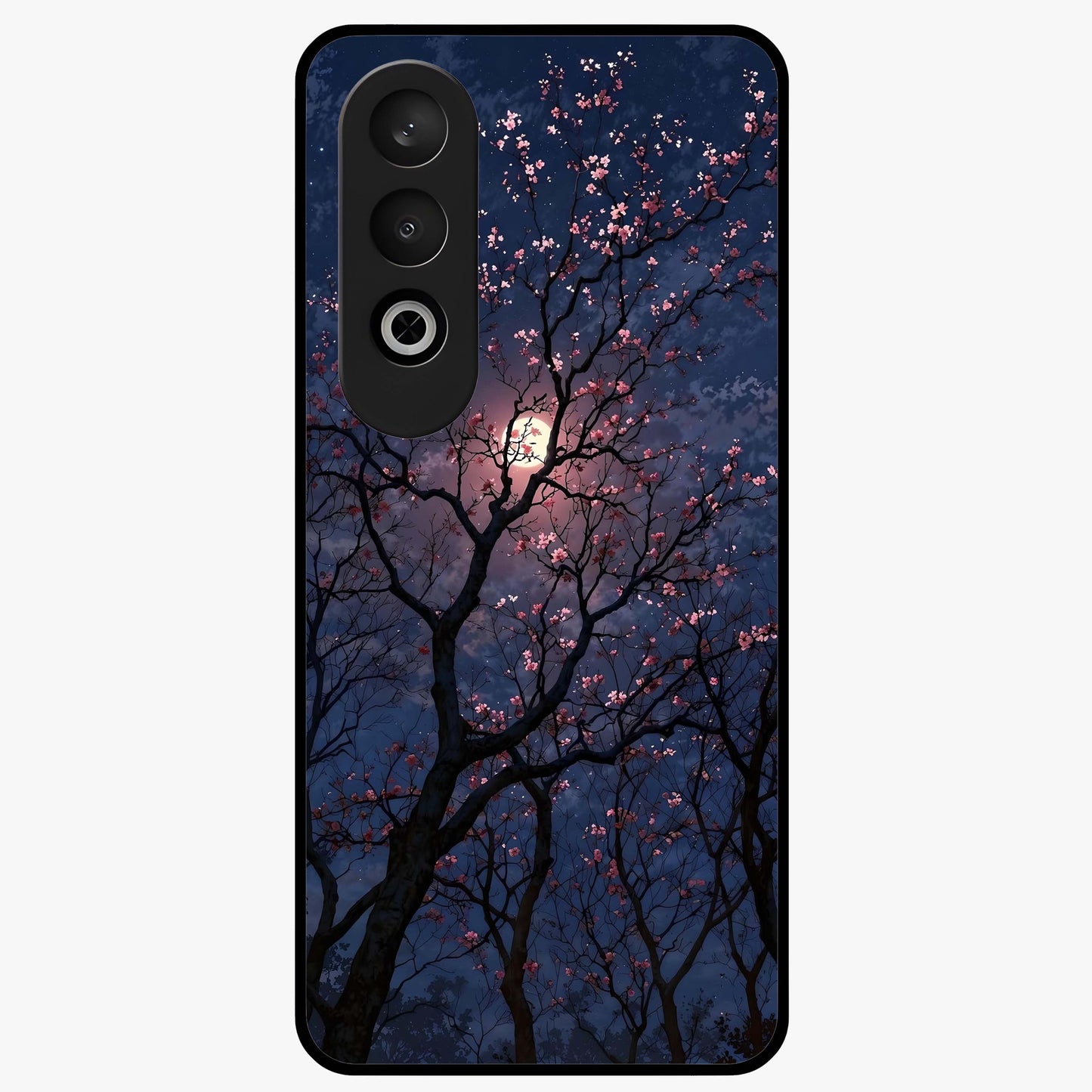 Twilight Sakura Serenade Glass Case for 1+Nord CE 4 elegant front view featuring cherry blossom artwork under twilight sky