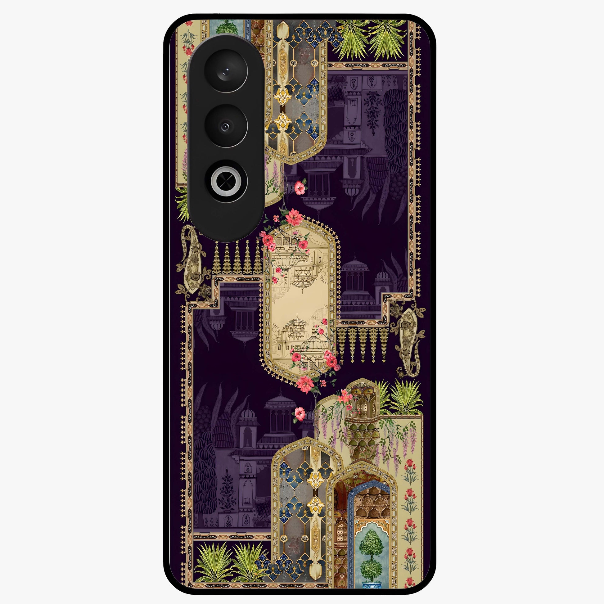 Velvet Mughal Art Glass Case for 1+Nord Ce 4 luxurious front view featuring intricate Mughal inspired artwork