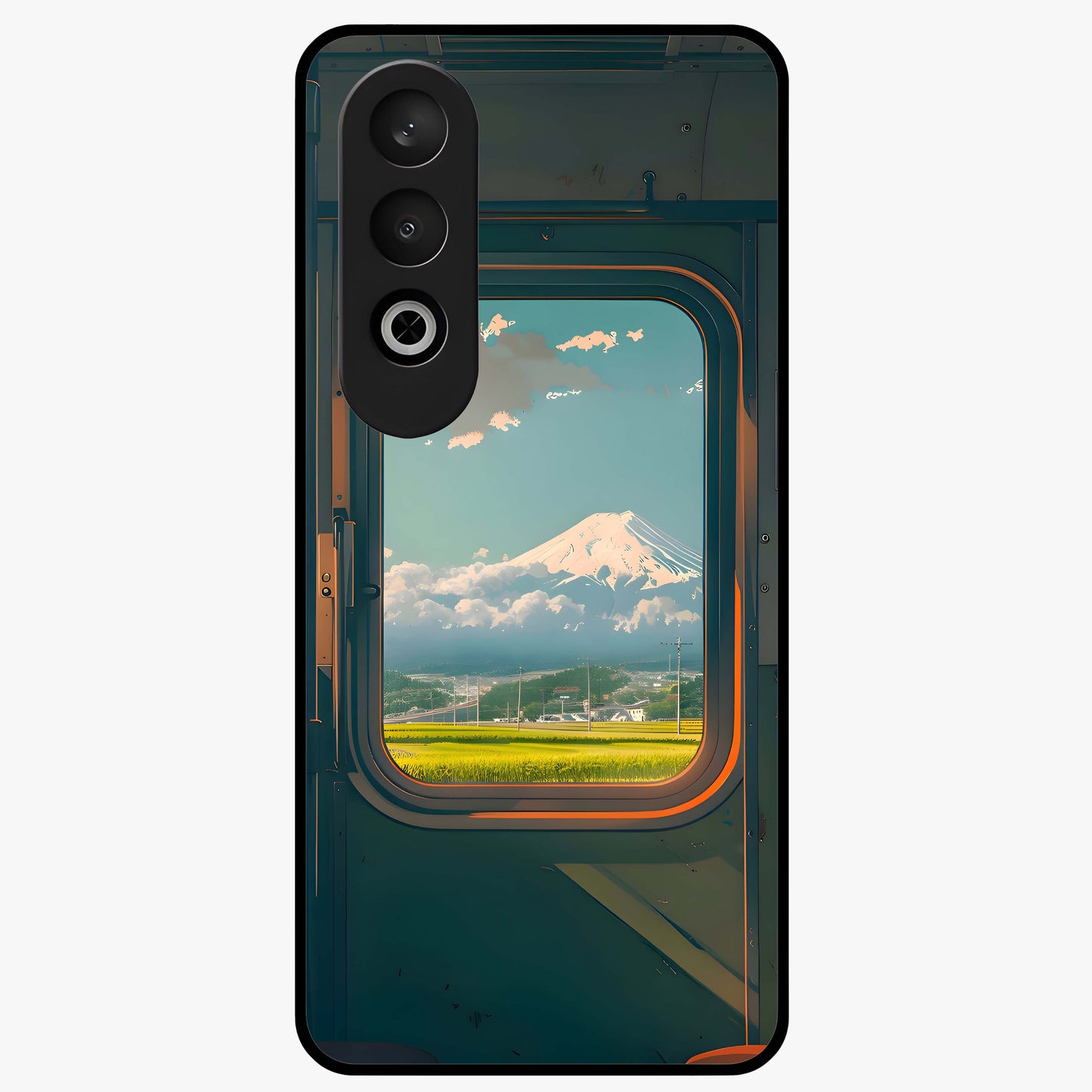 Window to Fuji Glass Case for 1+Nord CE 4 scenic front view featuring Mount Fuji artwork framed through a window design