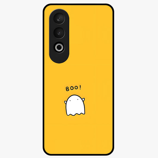 Yellow Boo Ghost Glass Case for 1+Nord Ce 4 playful front view featuring cute ghost artwork in vibrant yellow tones