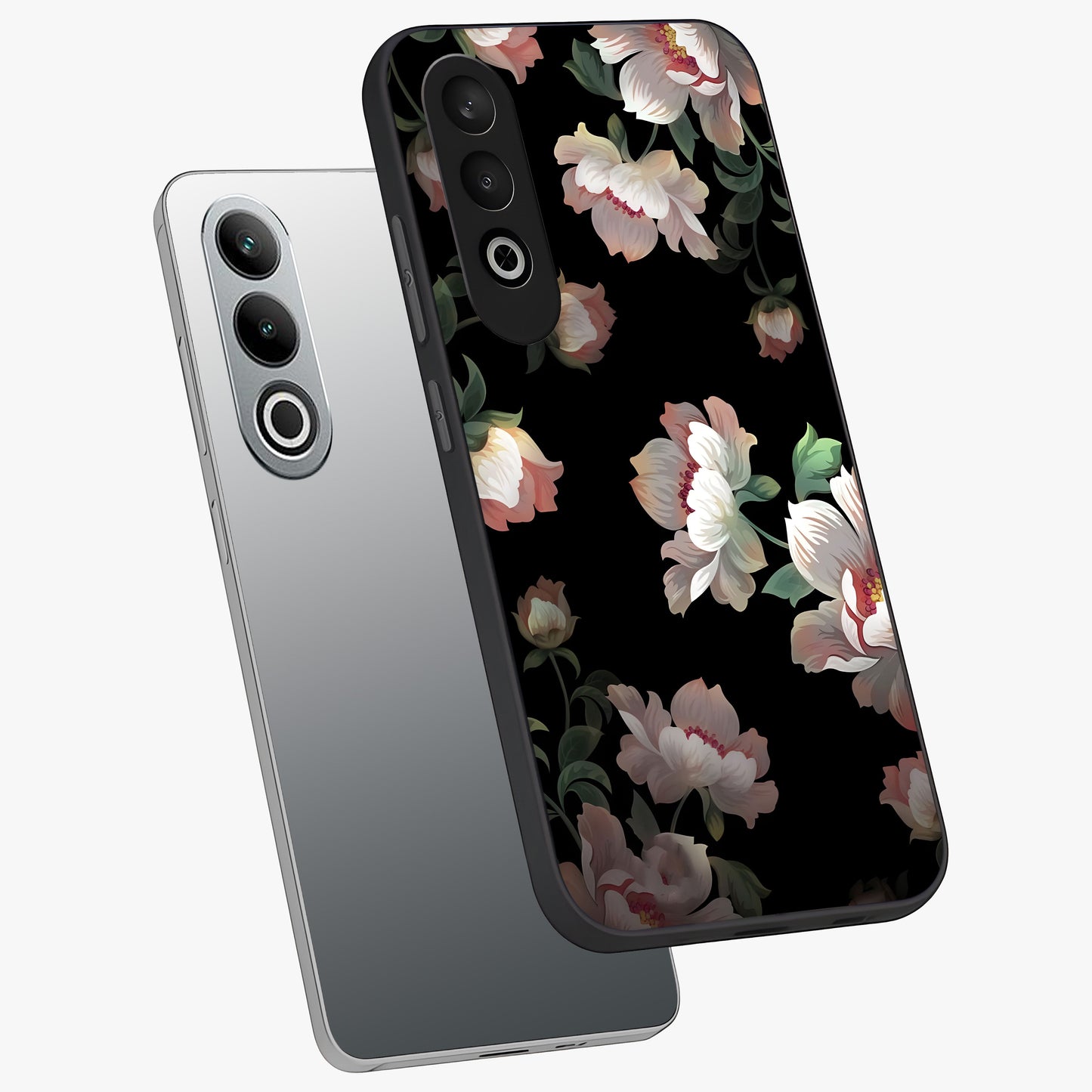 Abstract Embossed Blooming Bright Flower Glass Case for 1+Nord CE 4 angled mockup showcasing glossy surface and detailed bloom design