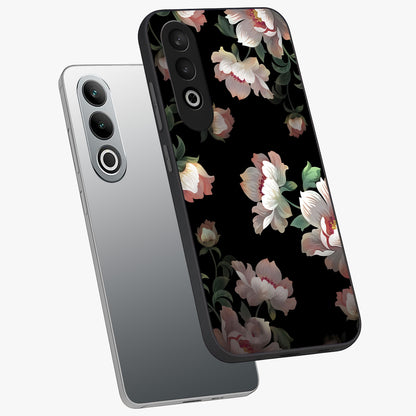 Abstract Embossed Blooming Bright Flower Glass Case for 1+Nord CE 4 angled mockup showcasing glossy surface and detailed bloom design