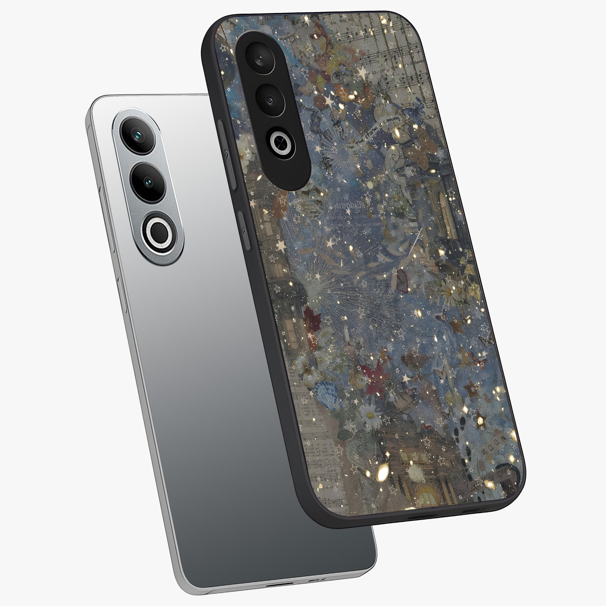 Aesthetic Astrolophia Glass Case for 1+Nord Ce 4 angled mockup showcasing glossy cosmic design and premium glass finish