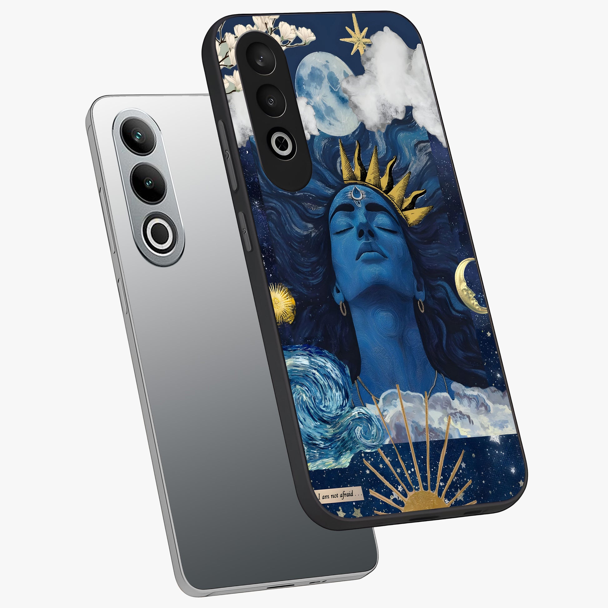 Aesthetic Lord Shiva Glass Case for 1+Nord Ce 4 angled mockup showcasing glossy finish and divine aesthetic design