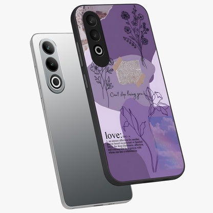 Aesthetic Love With Flower Glass Case for 1+Nord CE 4 angled mockup showcasing glossy finish and soft floral design