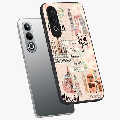 Aesthetic Travel Glass Case for 1+Nord Ce 4 angled mockup showcasing glossy finish and adventure themed design