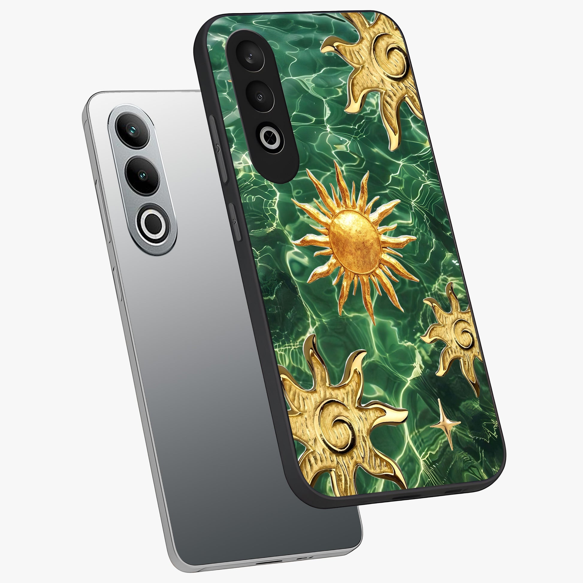 Aqua Sun Mirage Glass Case for 1+Nord Ce 4 angled mockup showcasing glossy glass finish and radiant gradient tones