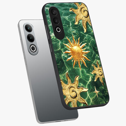 Aqua Sun Mirage Glass Case for 1+Nord Ce 4 angled mockup showcasing glossy glass finish and radiant gradient tones