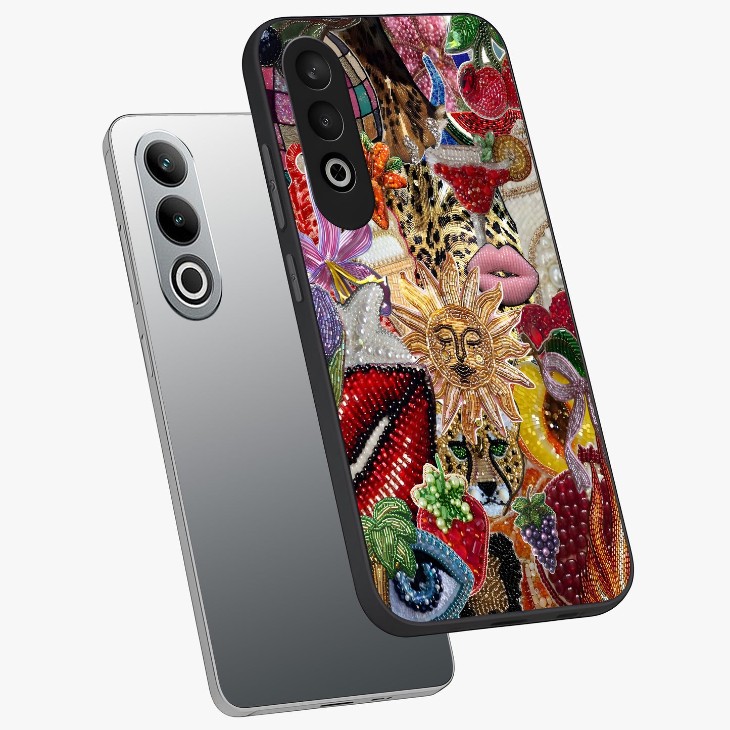 Beaded Fashion Jungle Glass Case for 1+Nord CE 4 angled mockup showcasing glossy finish and vibrant tropical design