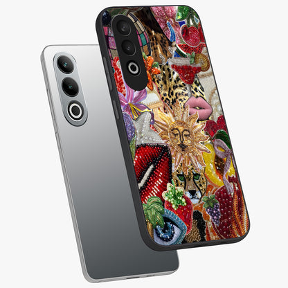 Beaded Fashion Jungle Glass Case for 1+Nord CE 4 angled mockup showcasing glossy finish and vibrant tropical design