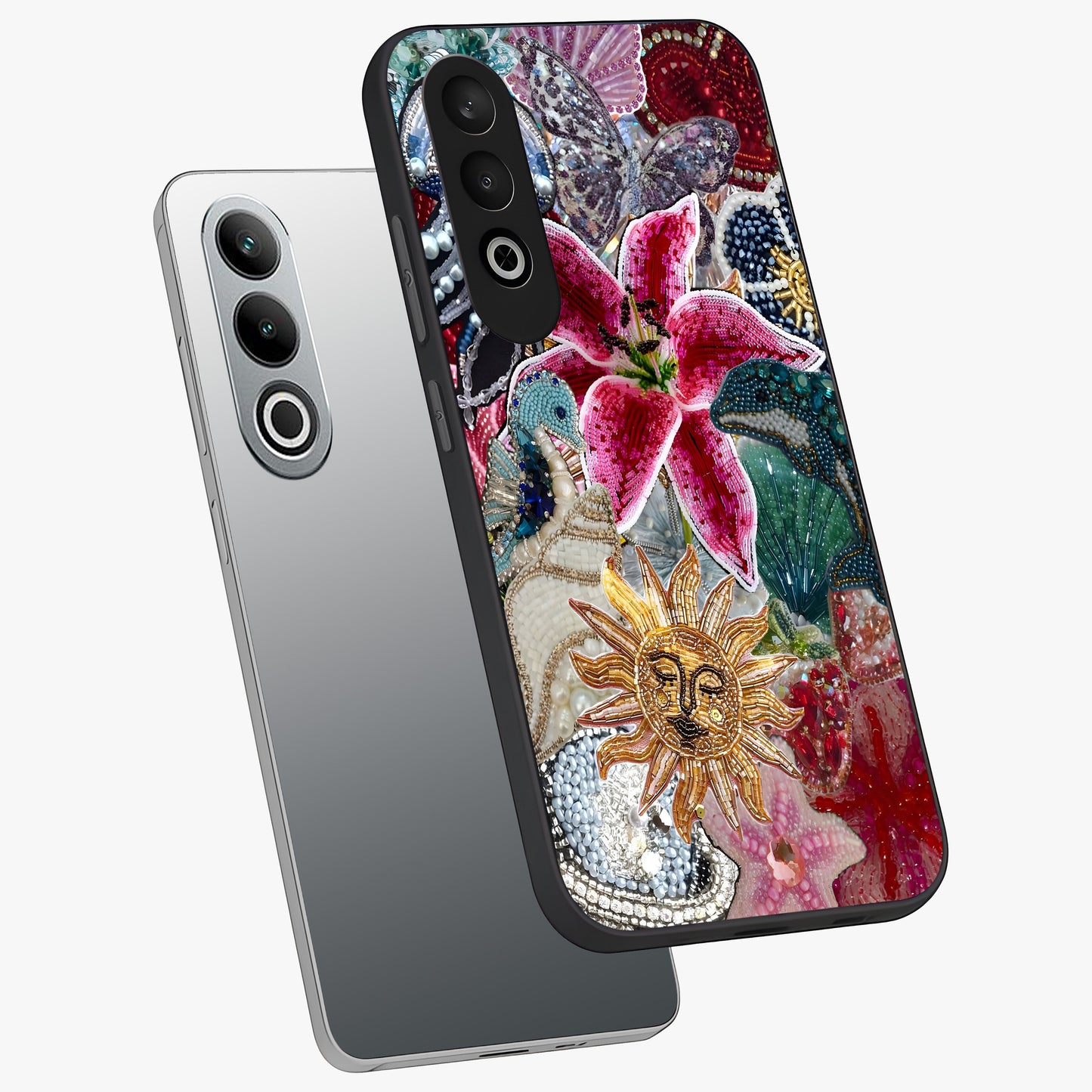 Beaded Garden Fantasy Glass Case for 1+Nord Ce 4 angled mockup showcasing glossy finish and detailed fantasy design